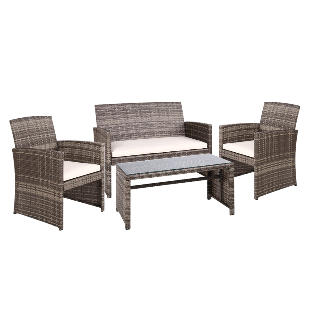 Gardeon 4 PCS Outdoor Sofa Set Rattan Chair Table Setting Garden Furniture Grey - One Red Hill